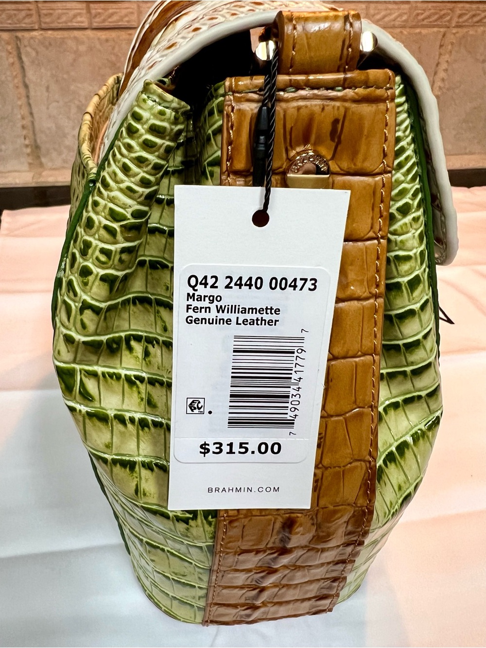 Brahmin Green and White Croc-Embossed Satchel with Gold Hardware - Picture 10 of 13